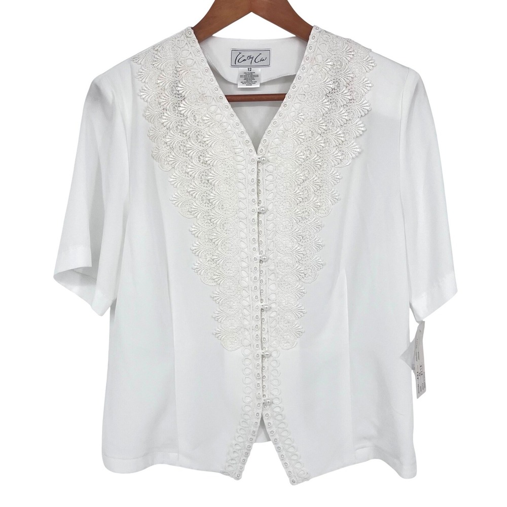 Kathy Che Blouse Women 12 White Lace Trim Pearl Button Victorian Coquette Formal